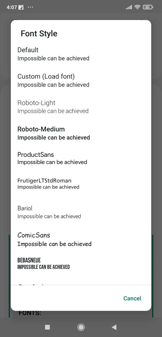 Font Style Picker — Roboto, ProductSans, ComicSans, BebasNeue and more — apply in one tap.