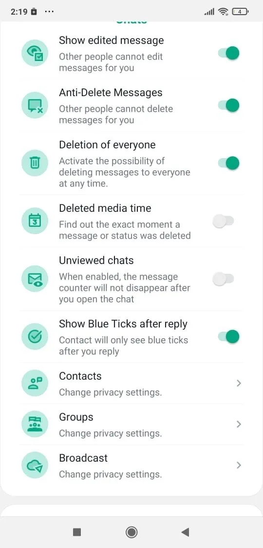 Chat Privacy — Anti-delete, Show Blue Ticks after reply, hidden message counters.