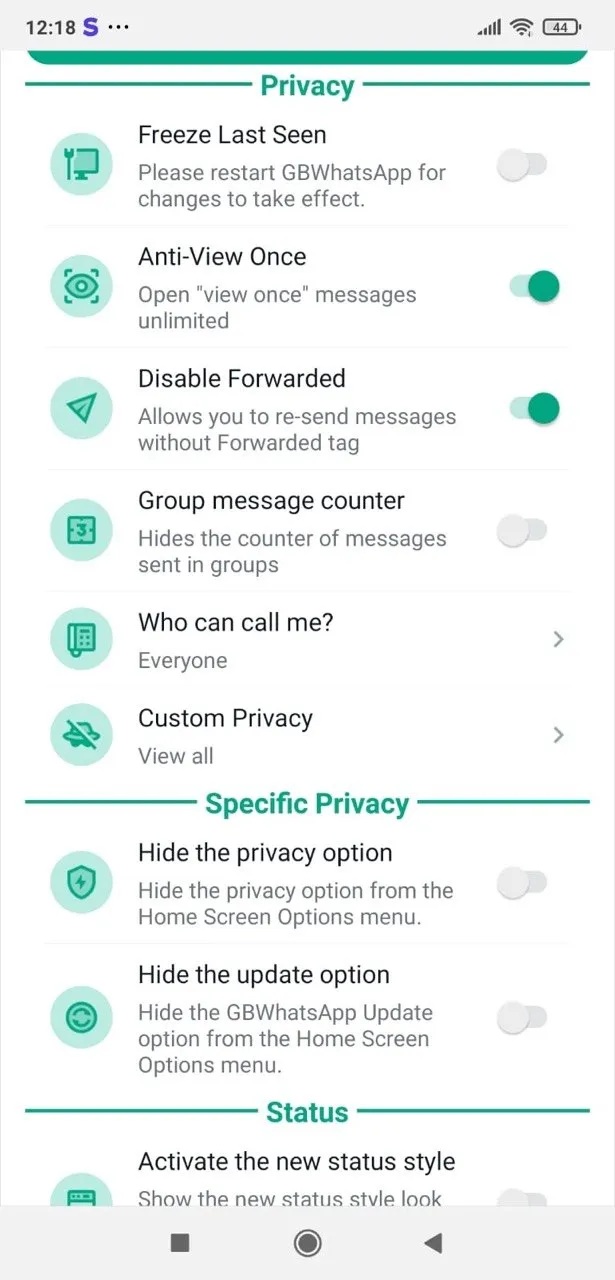 Privacy Hub — Freeze Last Seen, Anti-View Once, Custom Privacy per contact.